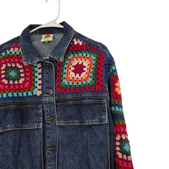 FARM RIO MEDIUM CROCHET SQUARE GRANDMA BOHO BUTTON UP LONG SLEEVE JEAN JACKET - Picture 6 of 7
